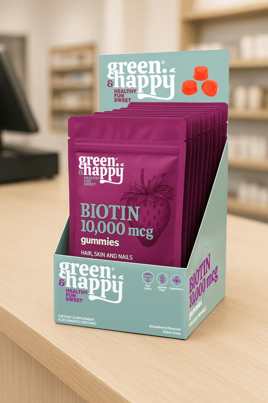 Dispensador de gomitas Green &amp; Happy Biotin 10.000 mcg x10 