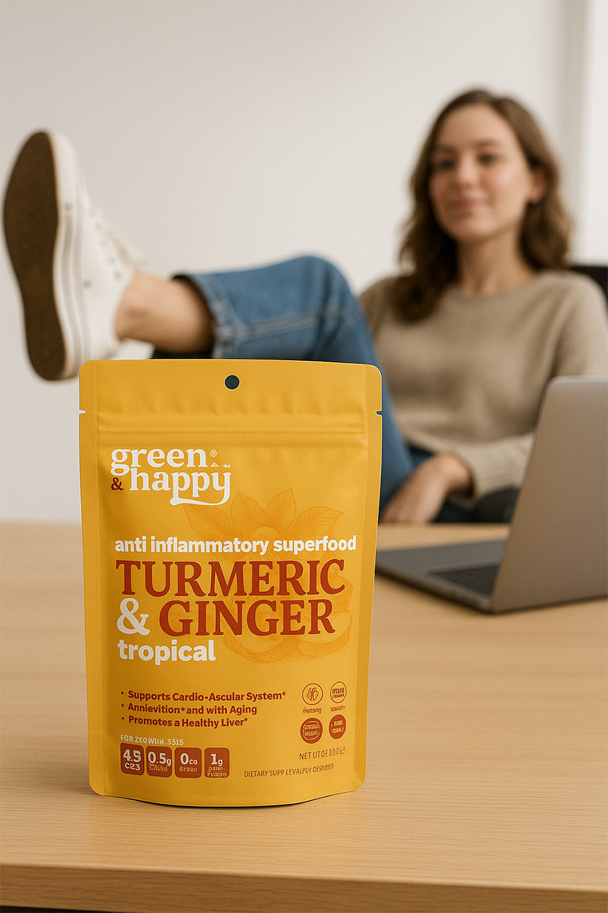 Cúrcuma y jengibre tropical verde y feliz 