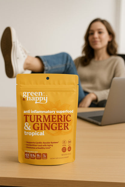 Cúrcuma y jengibre tropical verde y feliz 