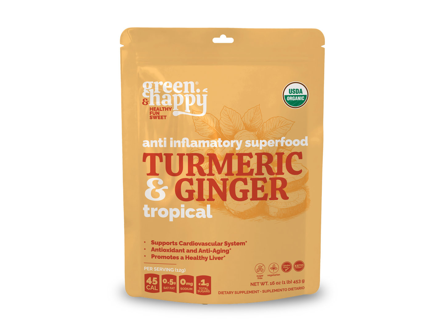 Cúrcuma y jengibre tropical verde y feliz 