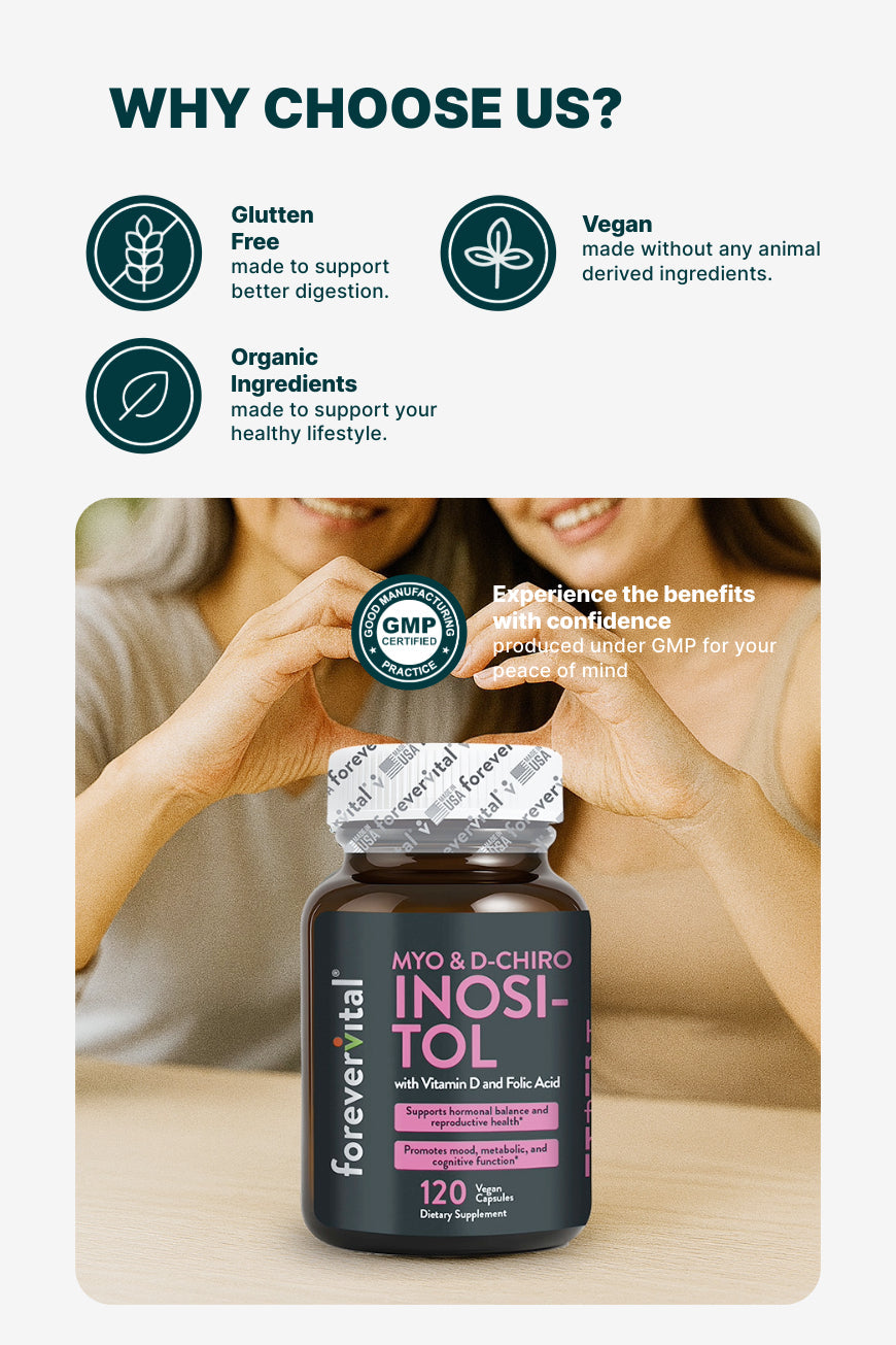 Forevervital Myo &amp; D-Chiro Inositol con vitamina D y ácido fólico 